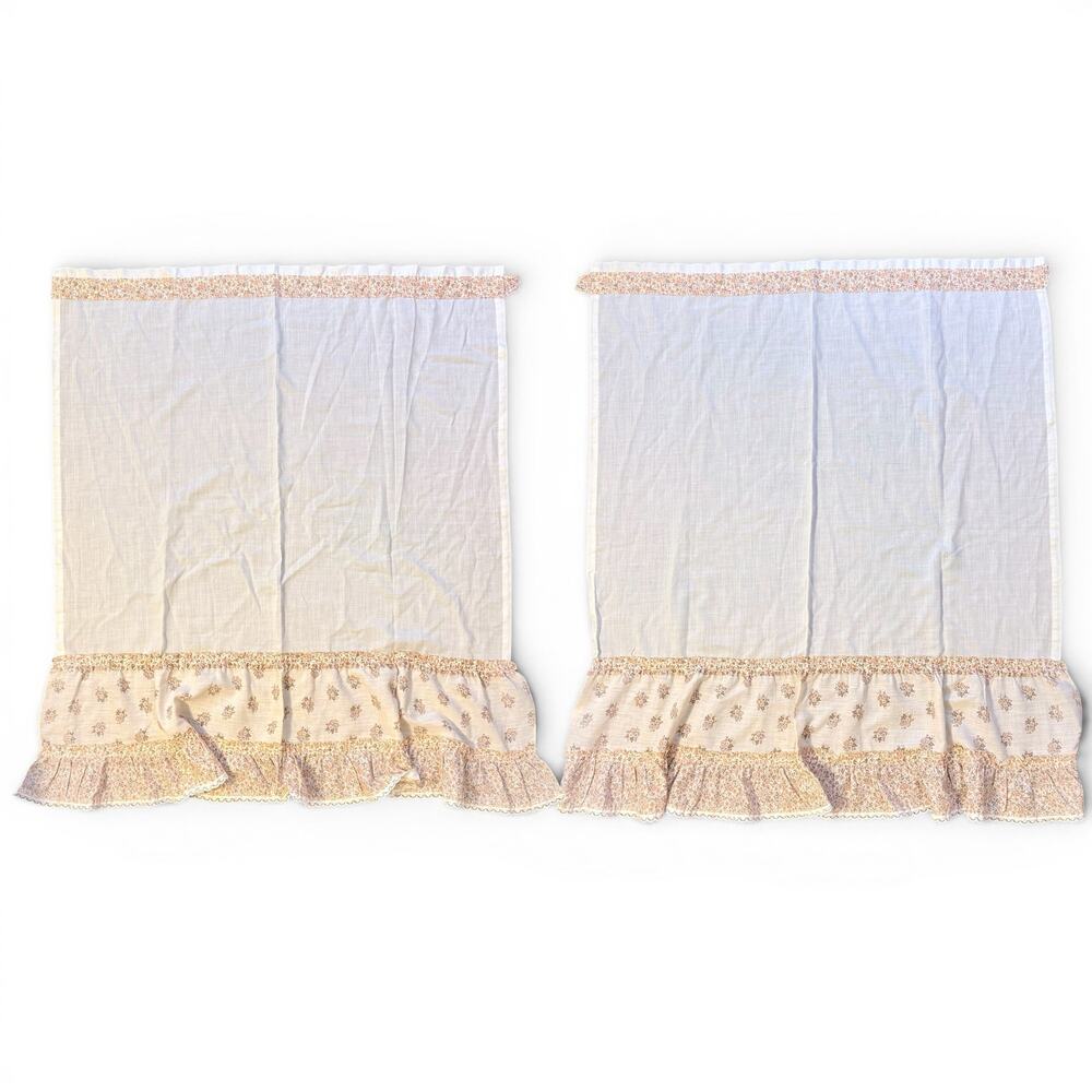 VTG 2 Panels 34.5" x 29.25" Cream Colored Orange Floral Ruffled & Lace Curtains - Picture 2 of 8